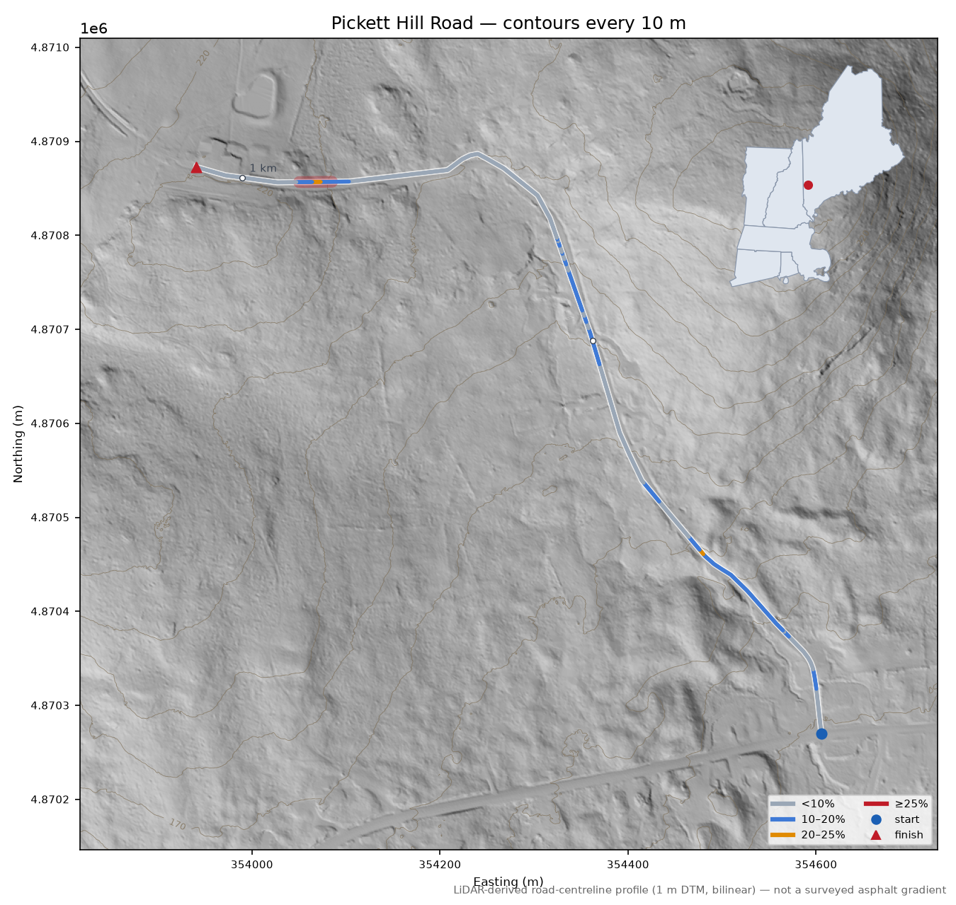 Pickett Hill Road LiDAR hillshade map with contours