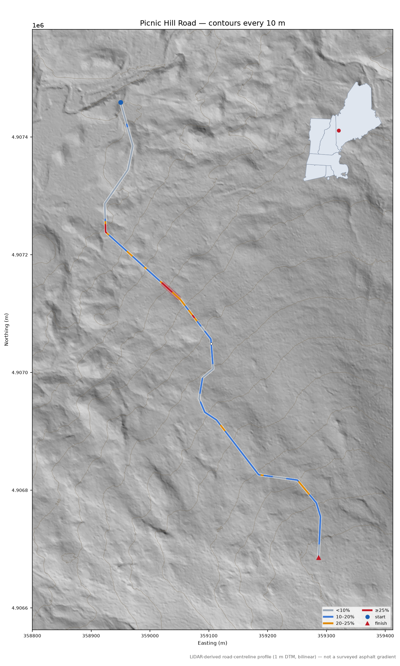 Picnic Hill Road LiDAR hillshade map with contours