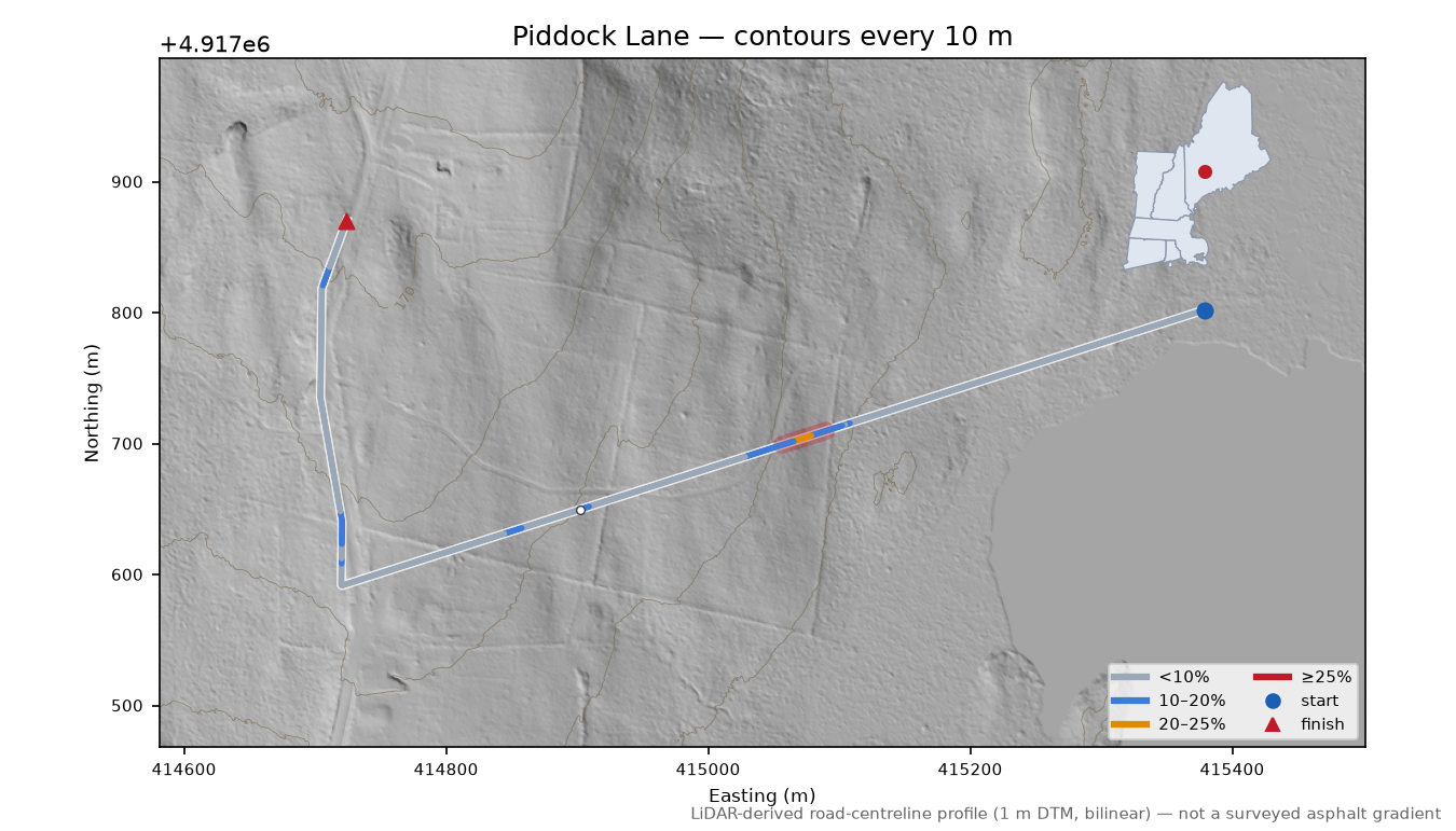 Piddock Lane LiDAR hillshade map with contours