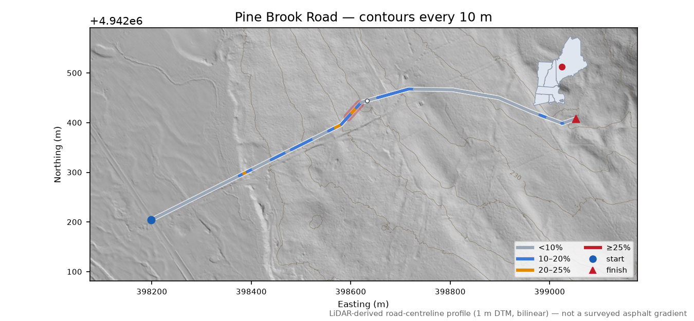 Pine Brook Road LiDAR hillshade map with contours