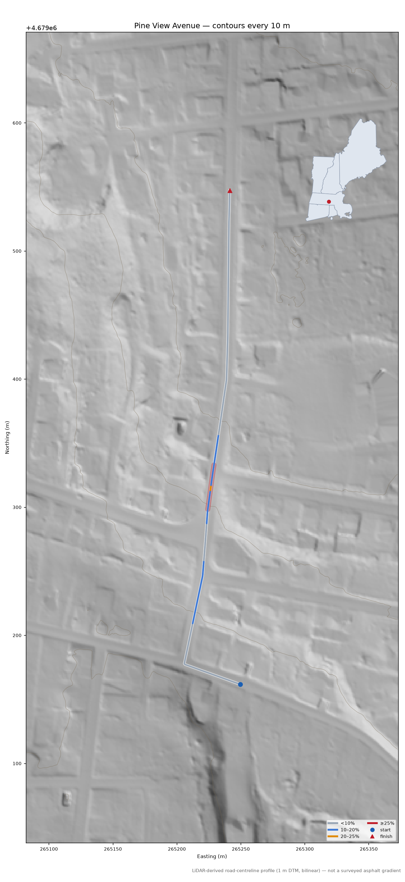Pine View Avenue LiDAR hillshade map with contours