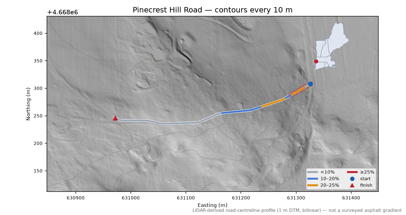 Pinecrest Hill Road LiDAR hillshade map with contours