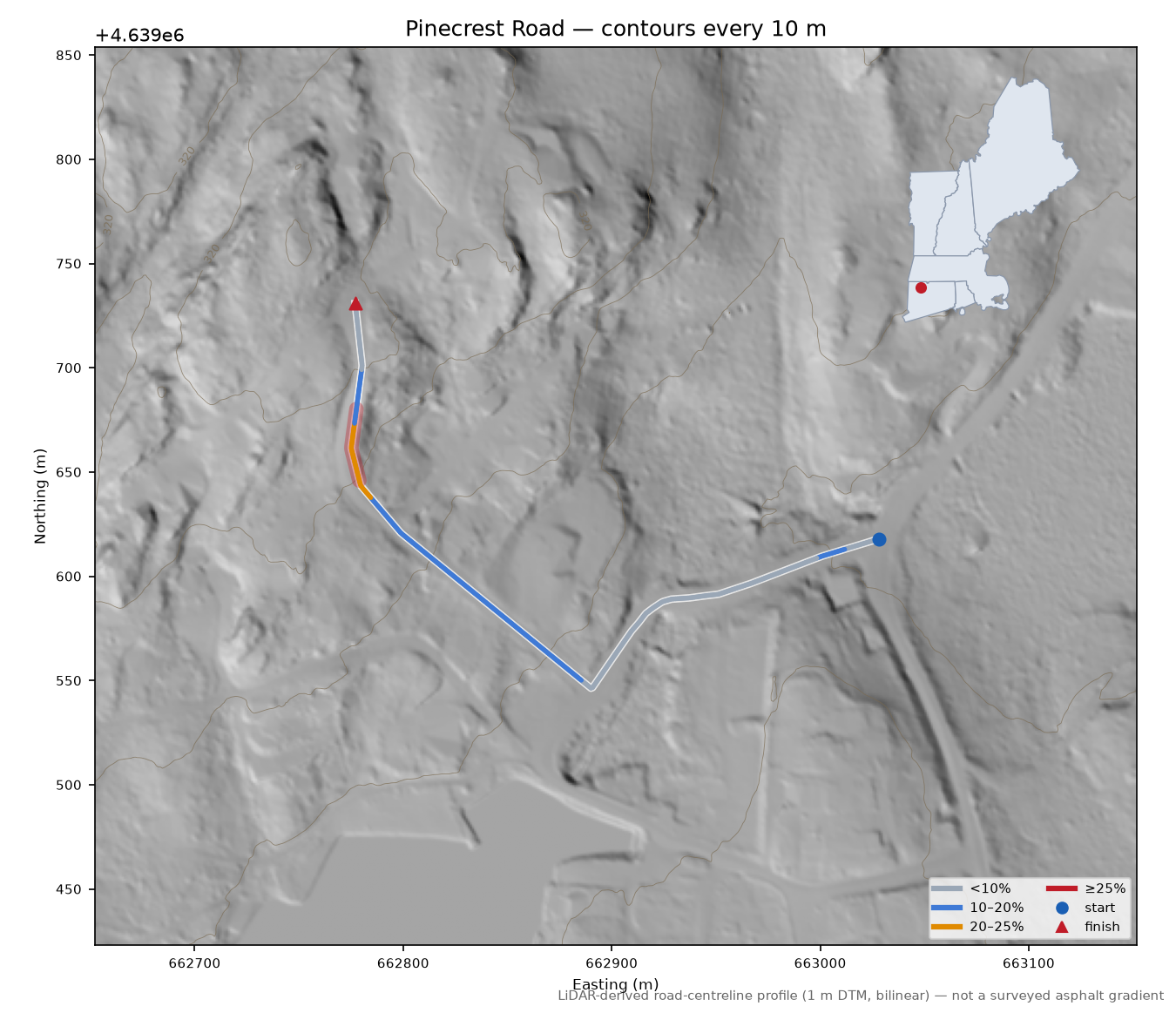 Pinecrest Road LiDAR hillshade map with contours