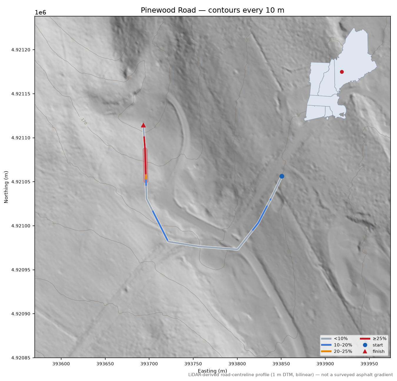 Pinewood Road LiDAR hillshade map with contours