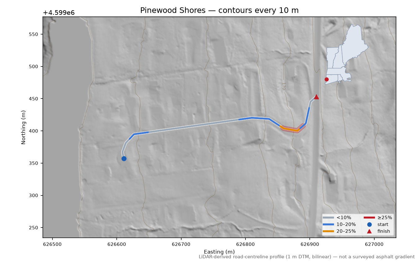 Pinewood Shores LiDAR hillshade map with contours