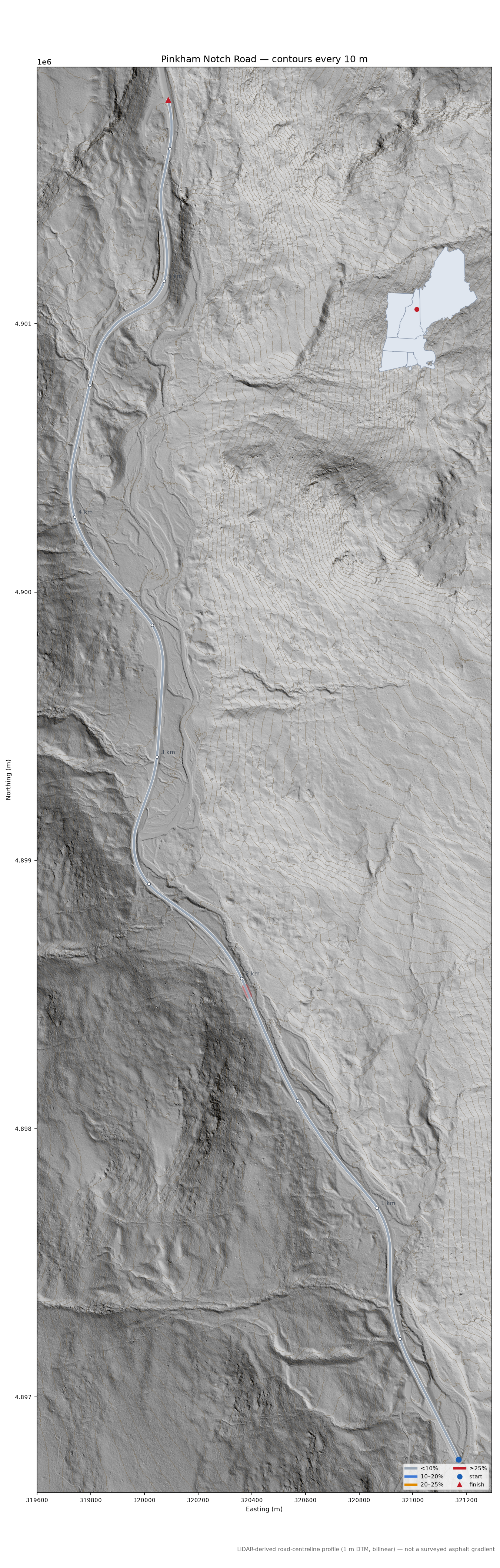 Pinkham Notch Road LiDAR hillshade map with contours