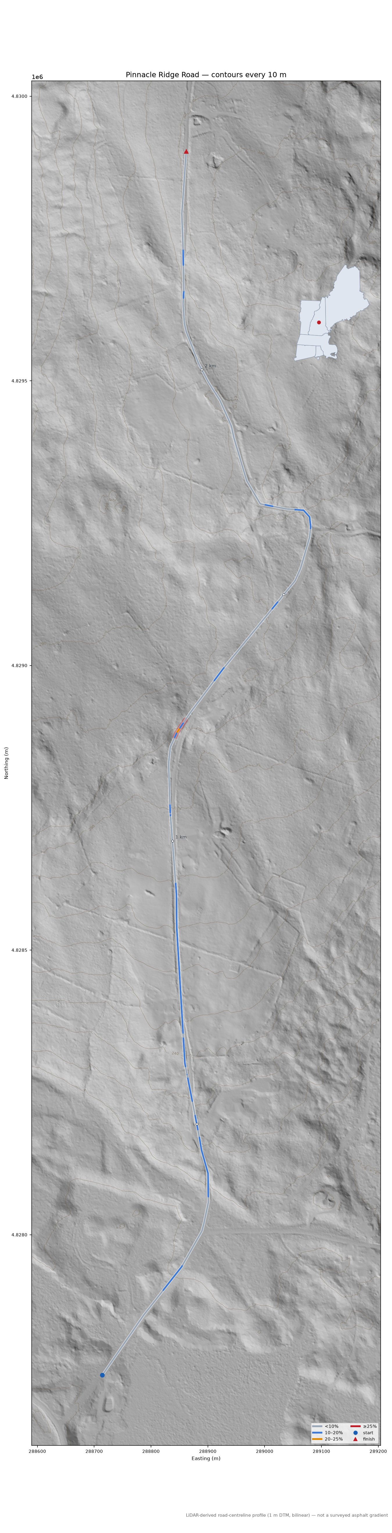 Pinnacle Ridge Road LiDAR hillshade map with contours