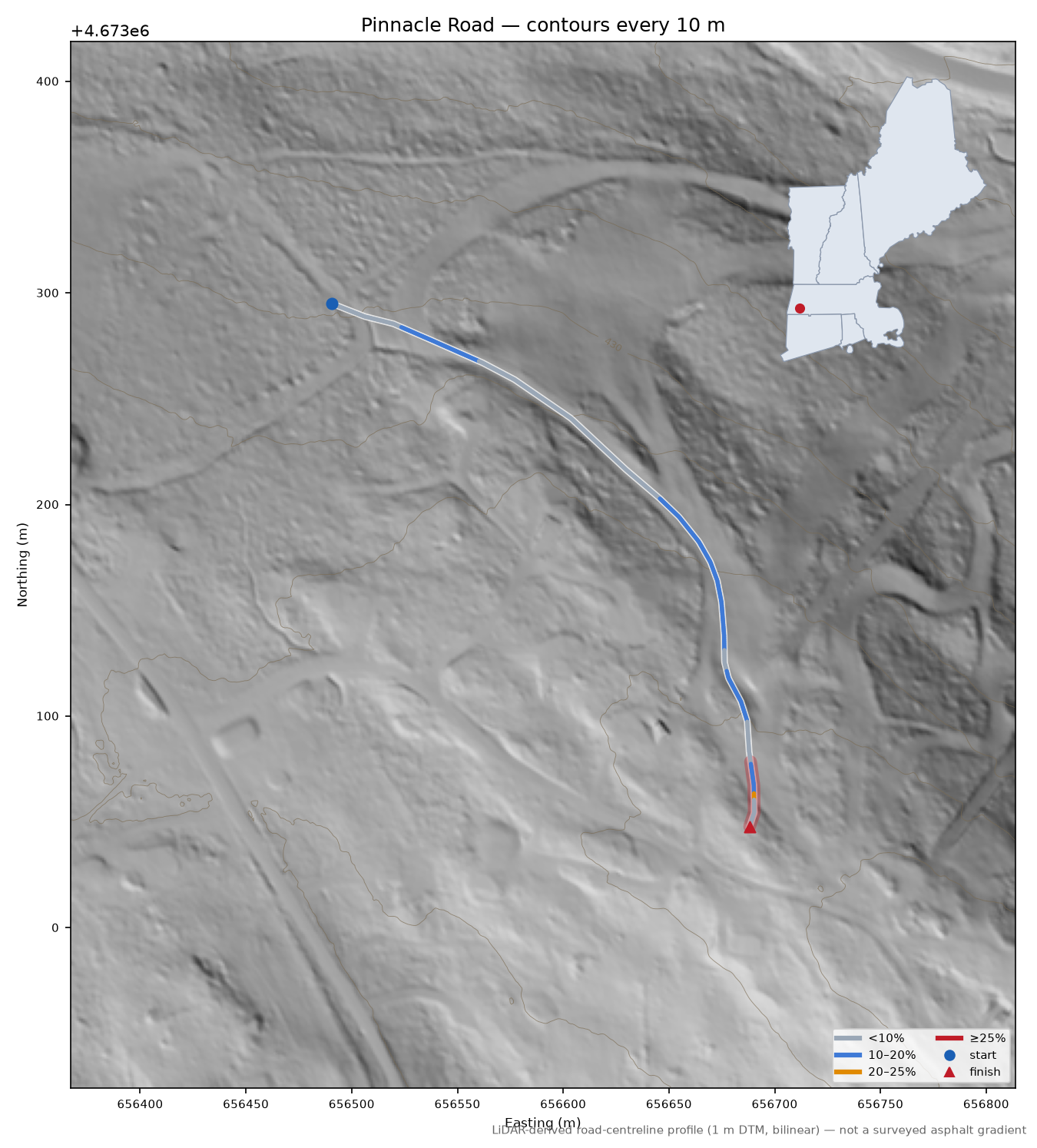 Pinnacle Road LiDAR hillshade map with contours