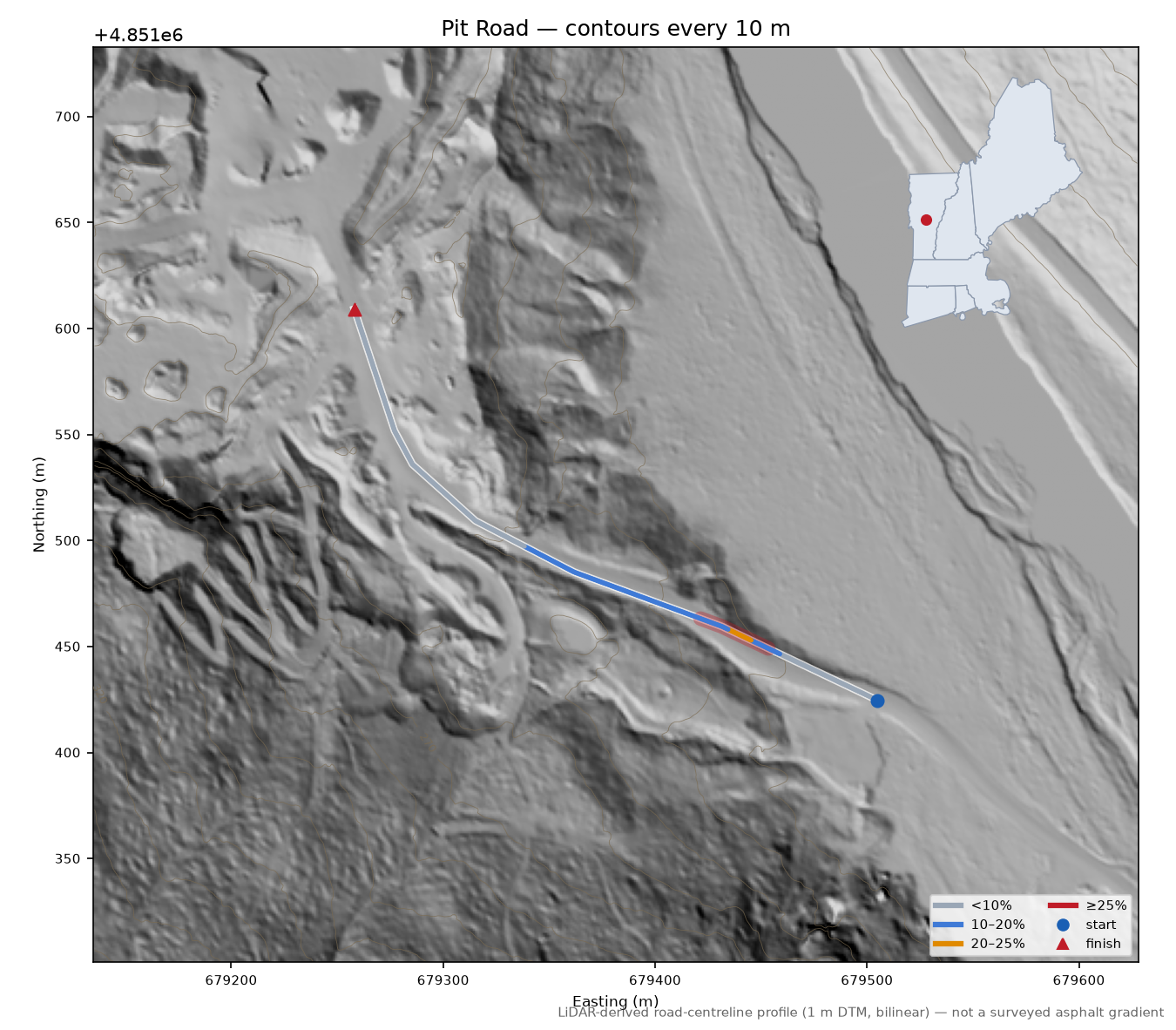 Pit Road LiDAR hillshade map with contours