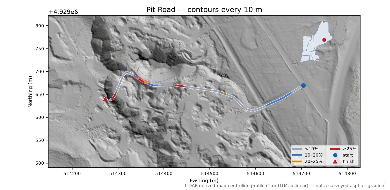 Pit Road LiDAR hillshade map with contours
