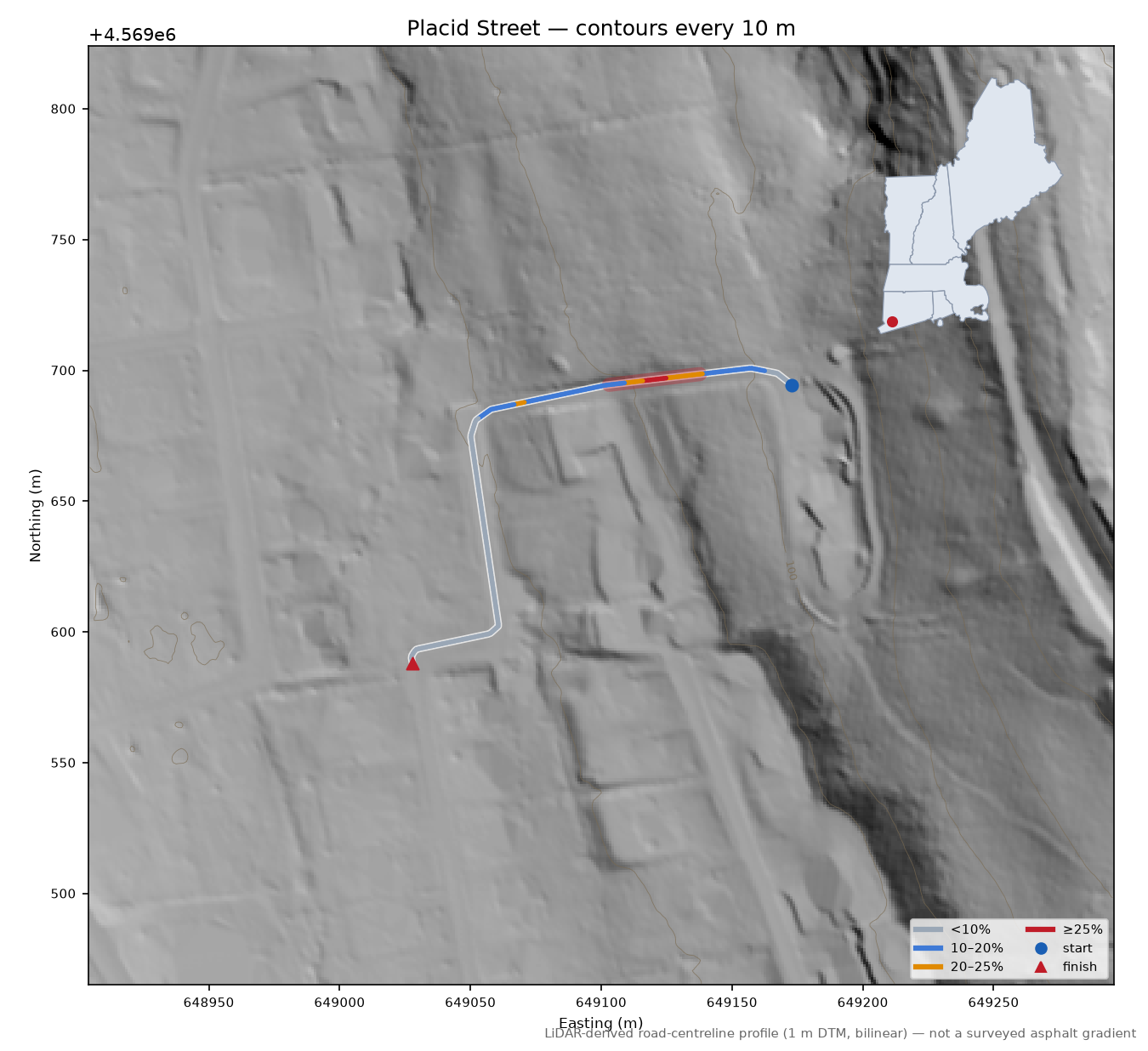 Placid Street LiDAR hillshade map with contours