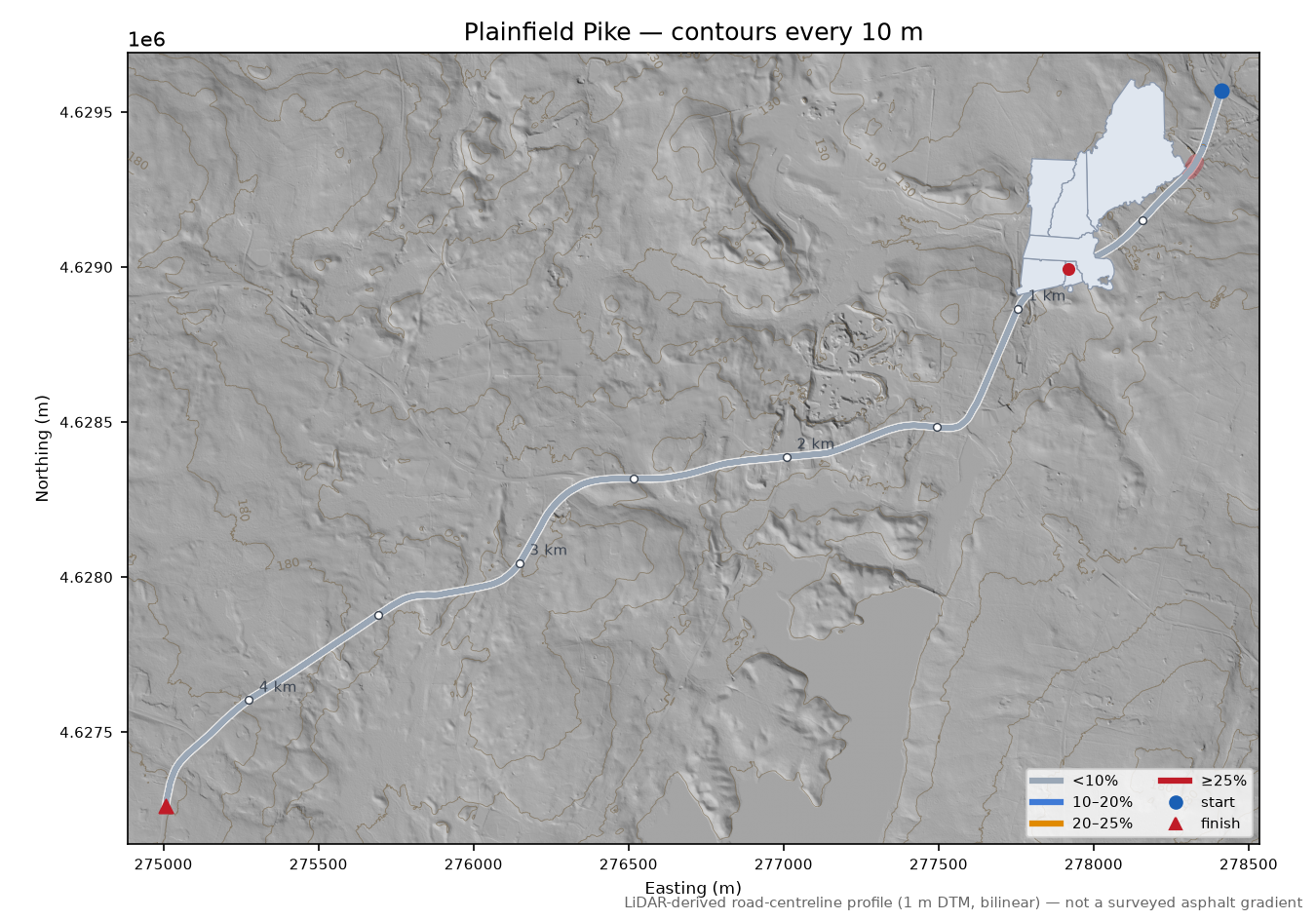 Plainfield Pike LiDAR hillshade map with contours