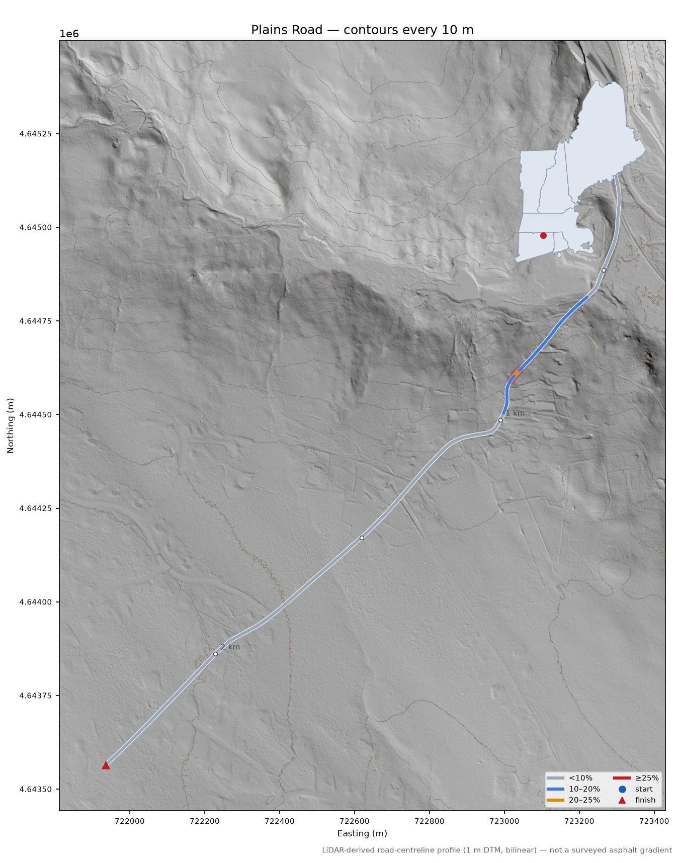 Plains Road LiDAR hillshade map with contours