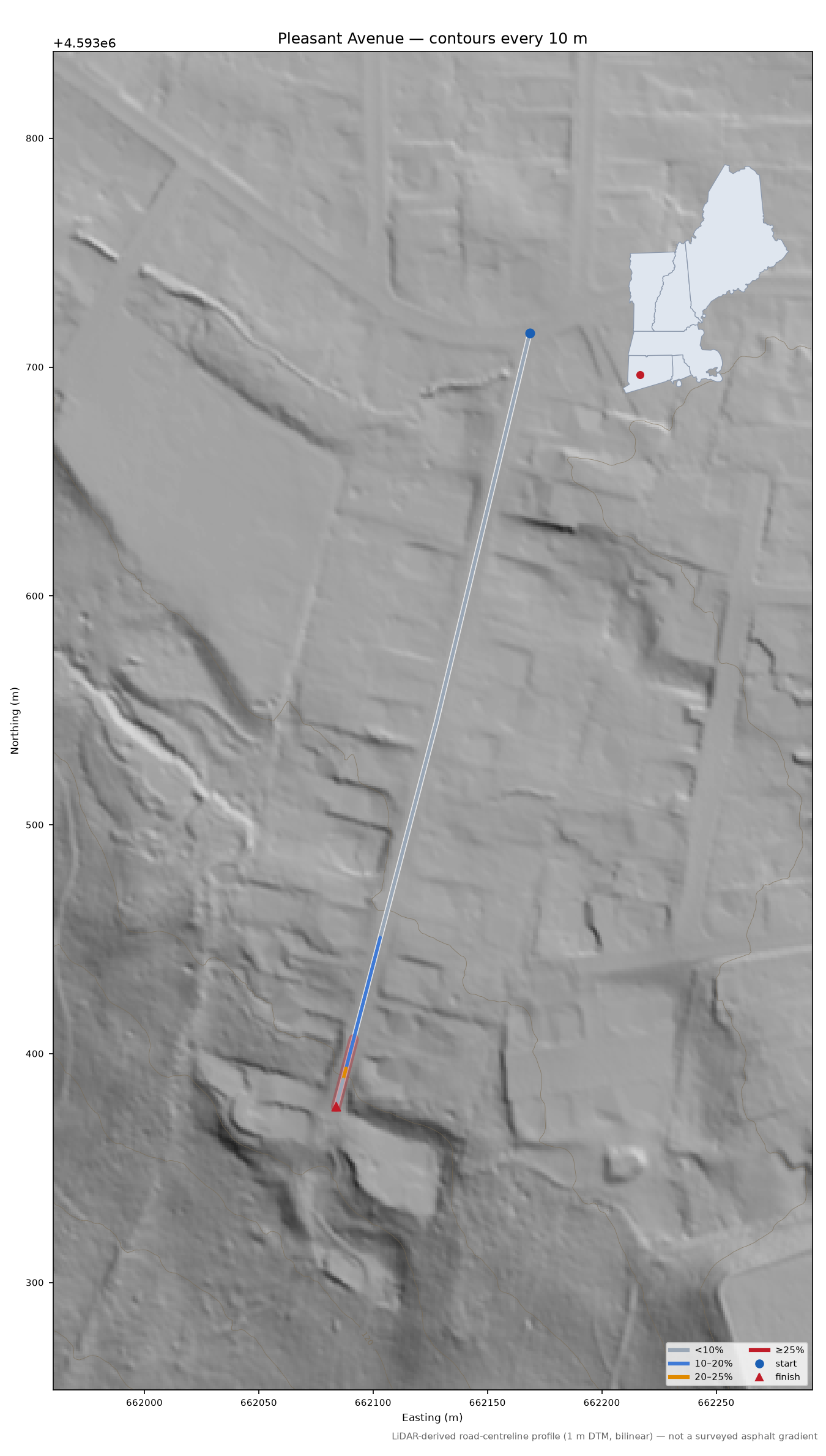 Pleasant Avenue LiDAR hillshade map with contours