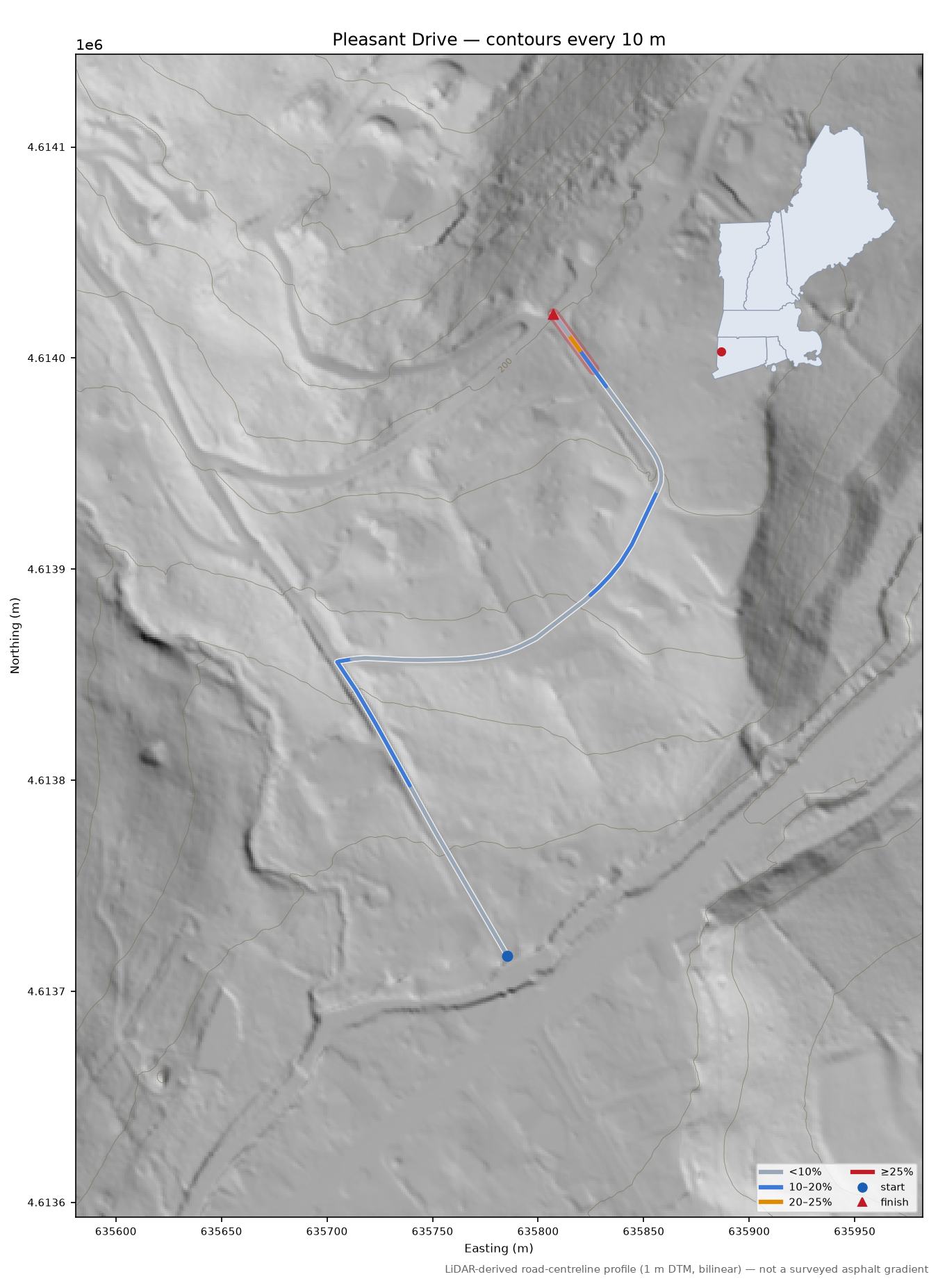 Pleasant Drive LiDAR hillshade map with contours