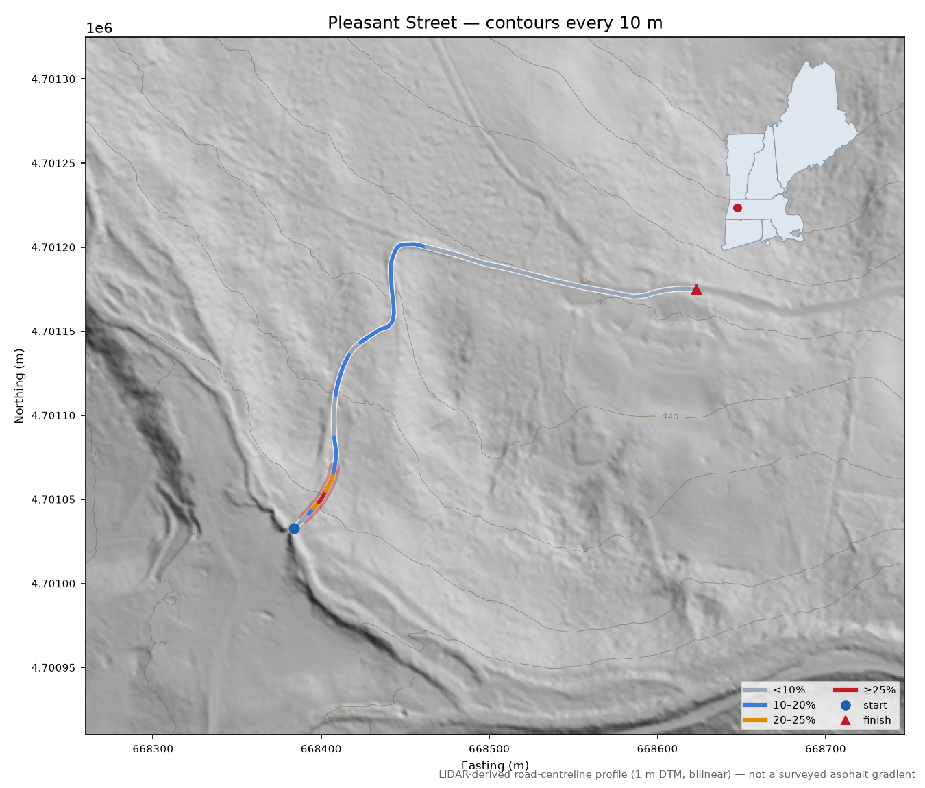 Pleasant Street LiDAR hillshade map with contours