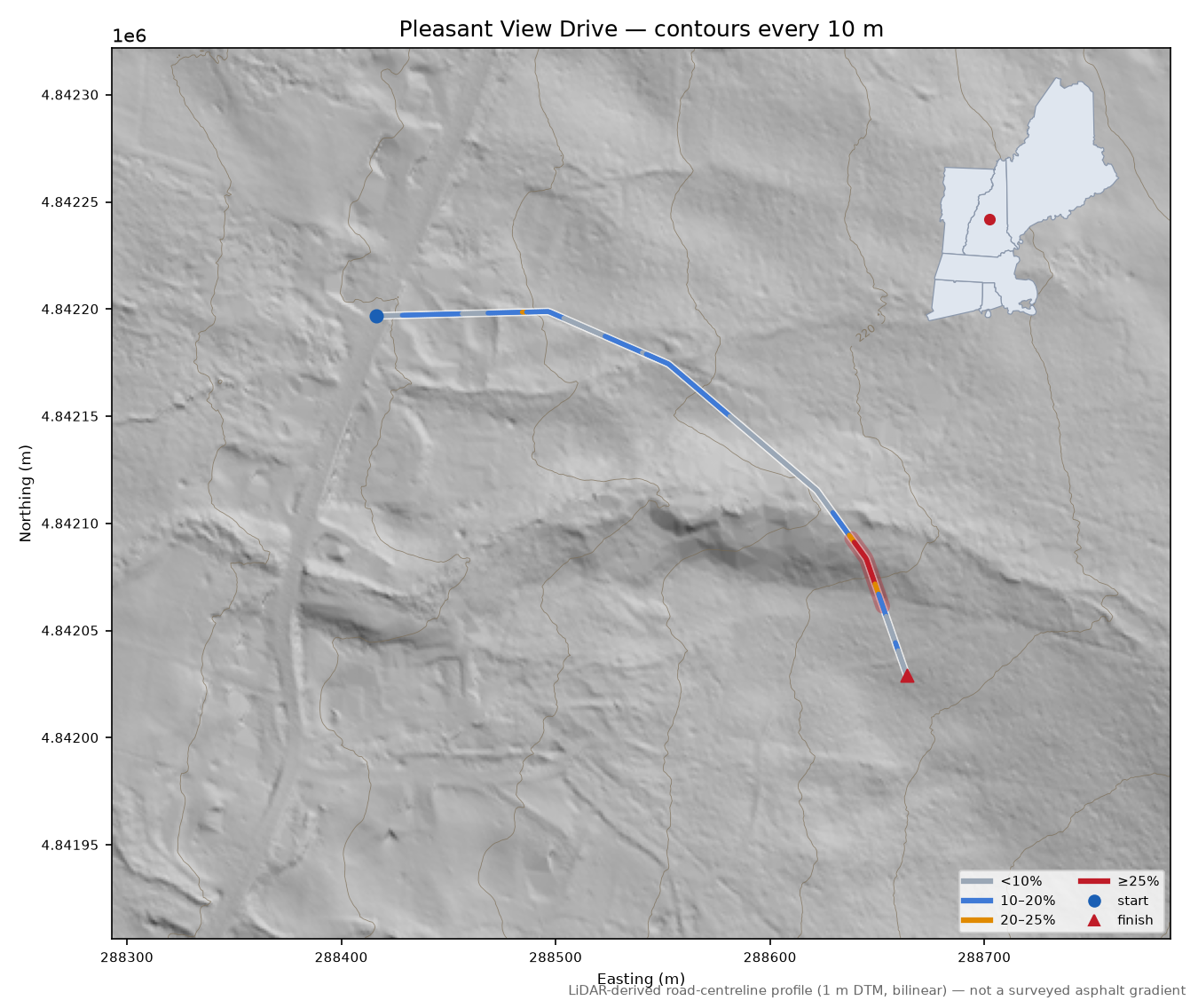 Pleasant View Drive LiDAR hillshade map with contours