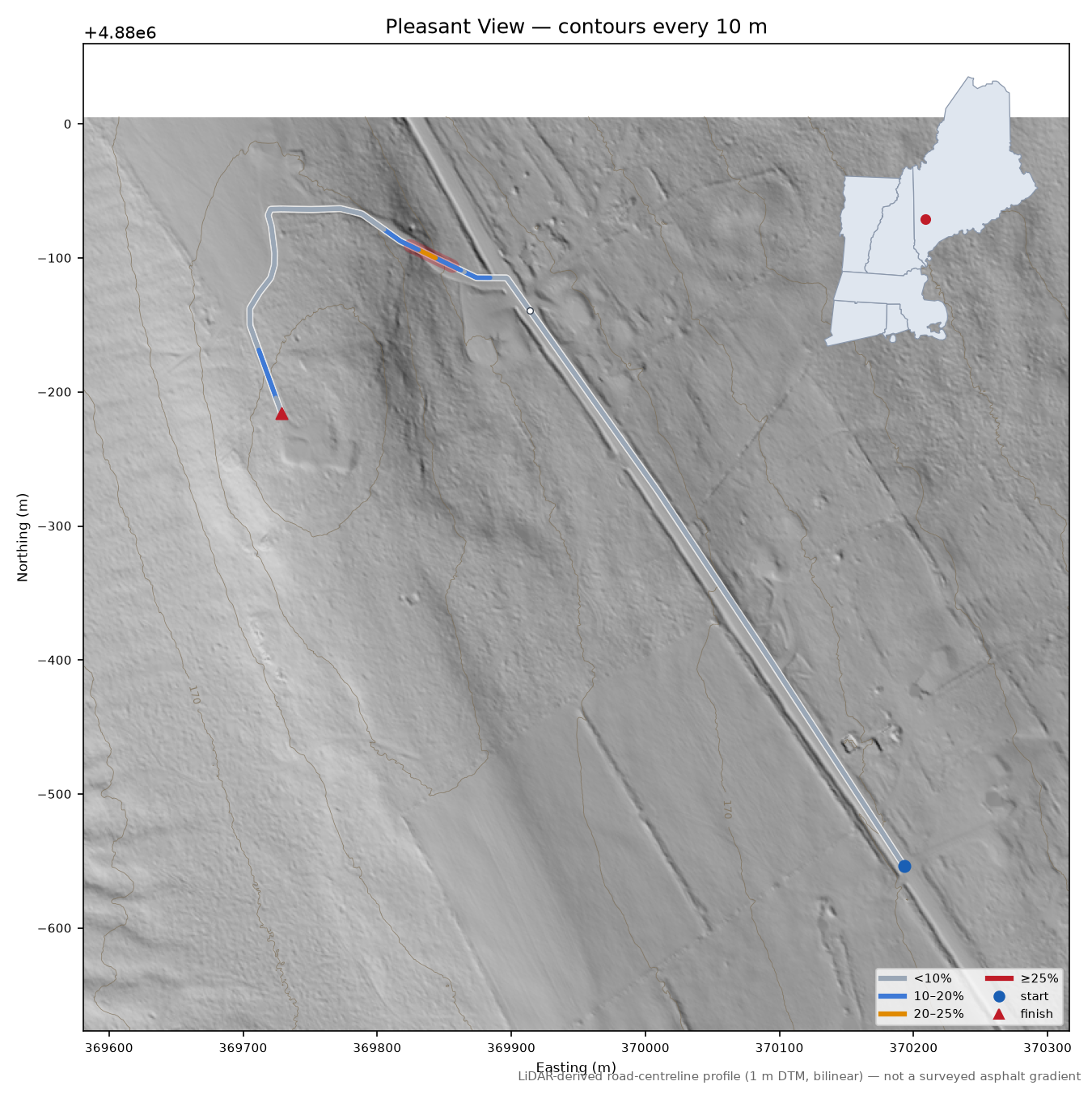 Pleasant View LiDAR hillshade map with contours