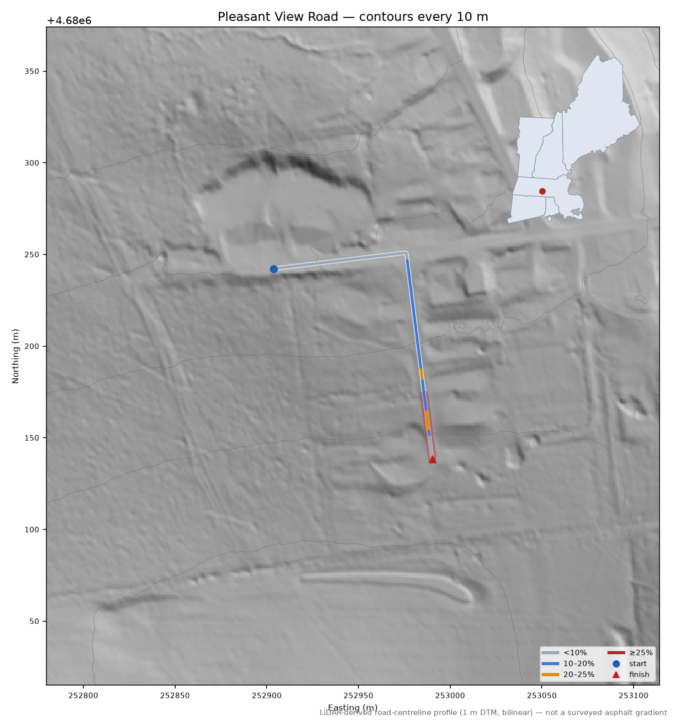 Pleasant View Road LiDAR hillshade map with contours
