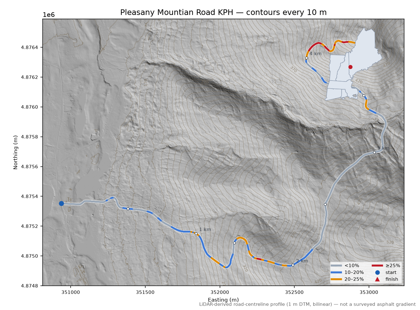 Pleasany Mountian Road KPH LiDAR hillshade map with contours