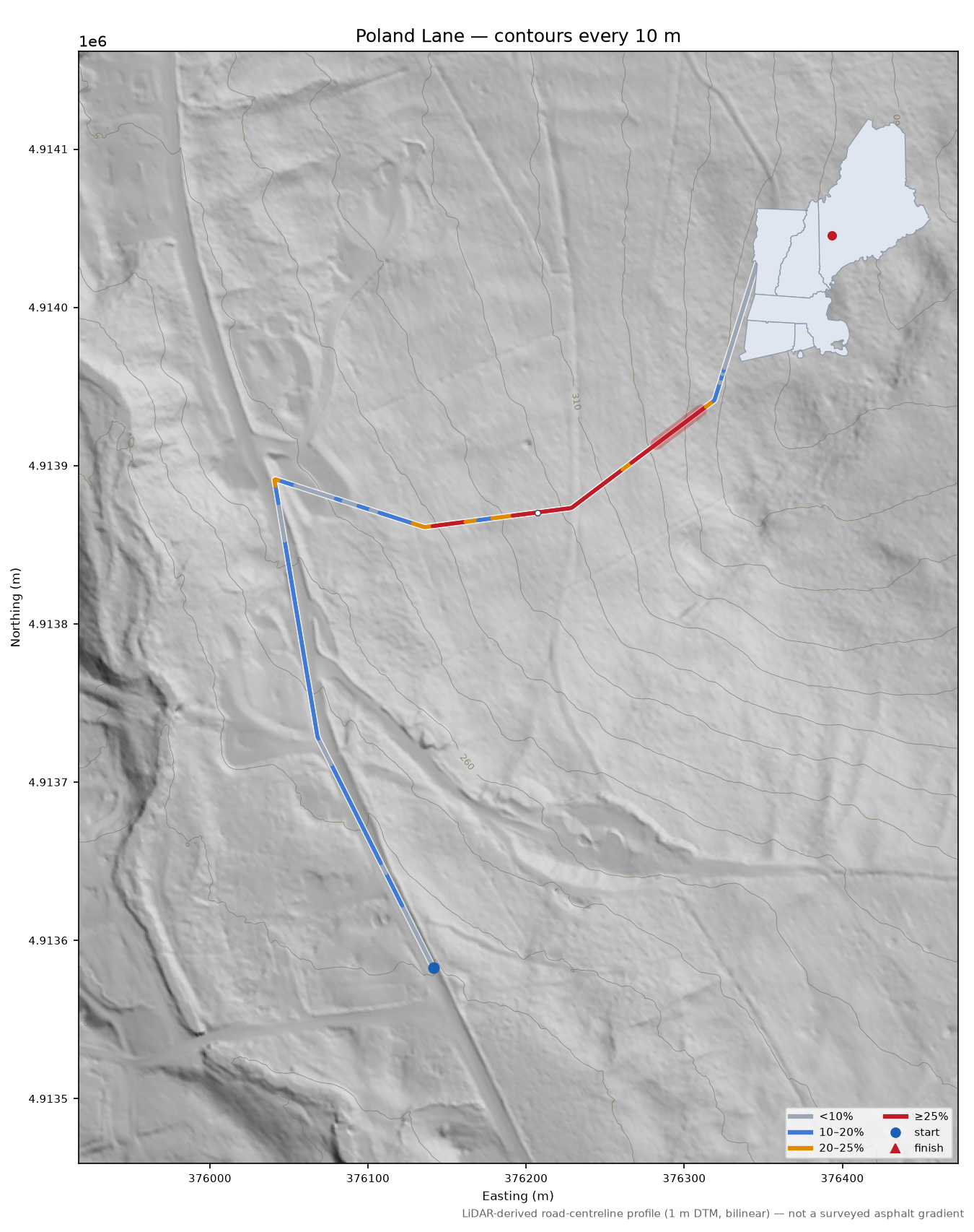 Poland Lane LiDAR hillshade map with contours