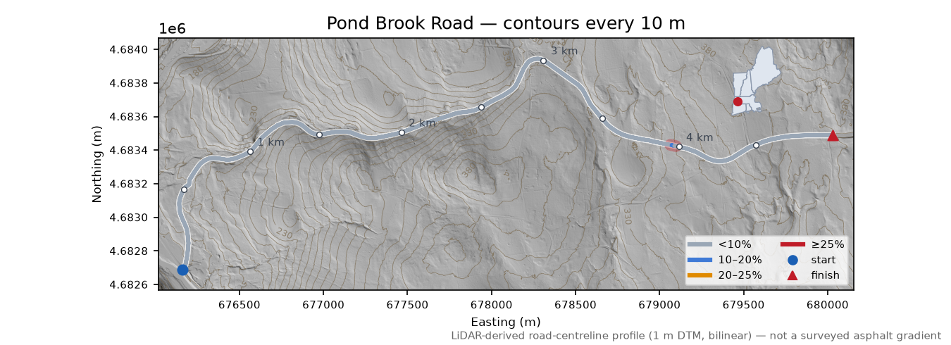 Pond Brook Road LiDAR hillshade map with contours