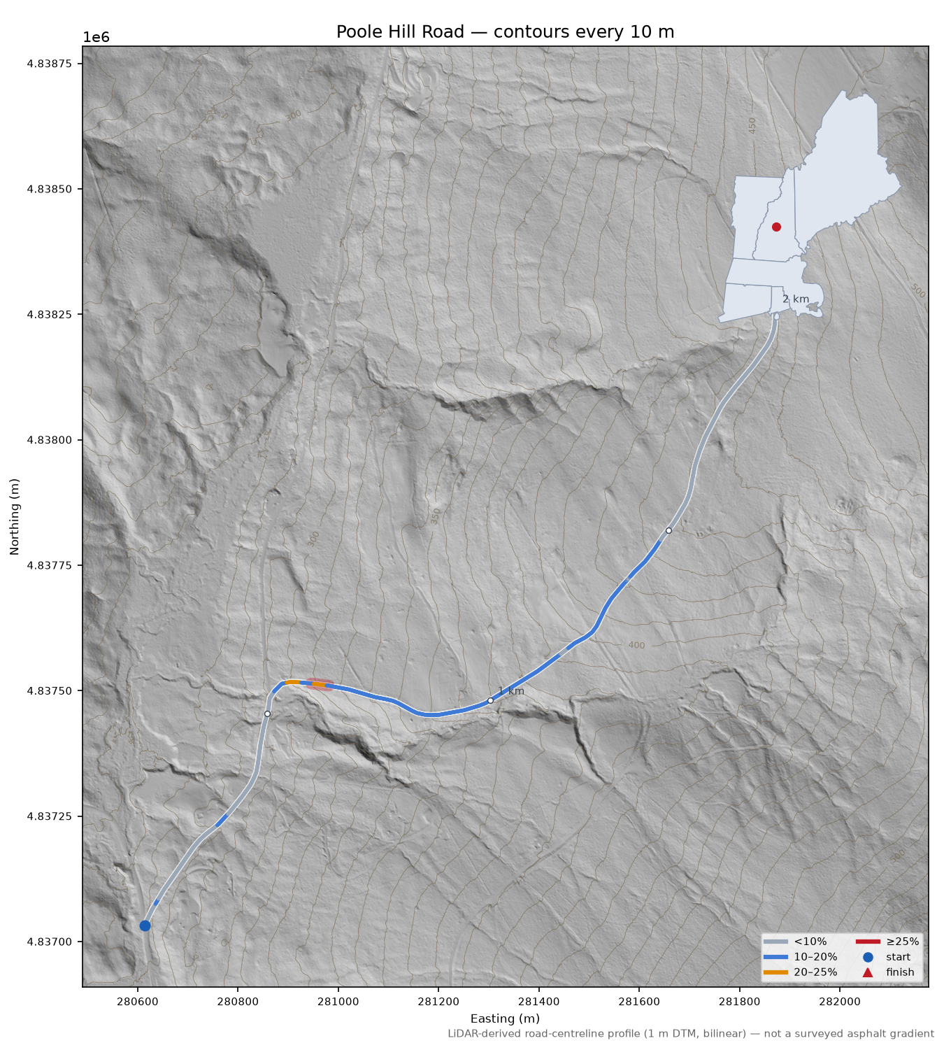 Poole Hill Road LiDAR hillshade map with contours