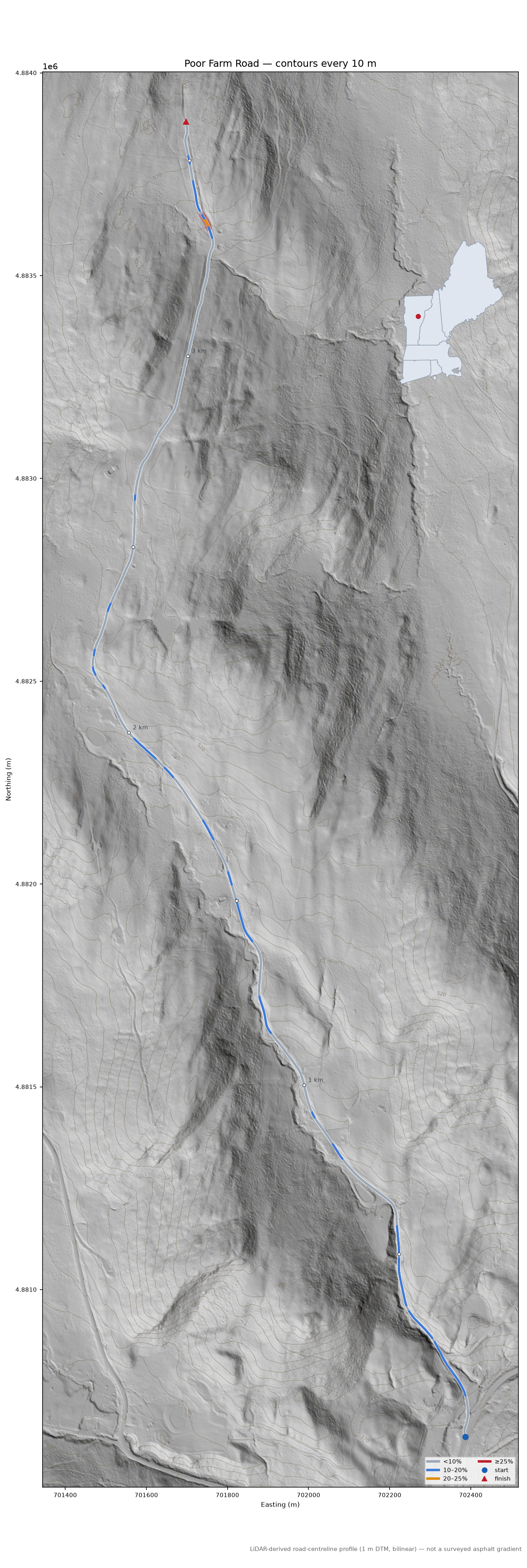 Poor Farm Road LiDAR hillshade map with contours