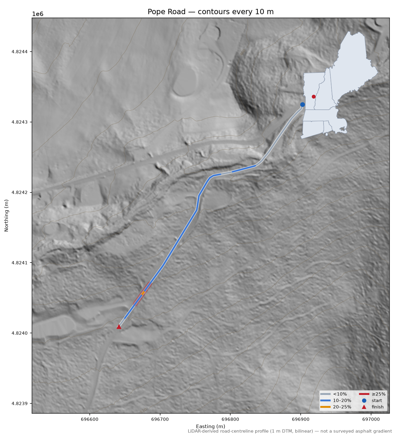 Pope Road LiDAR hillshade map with contours