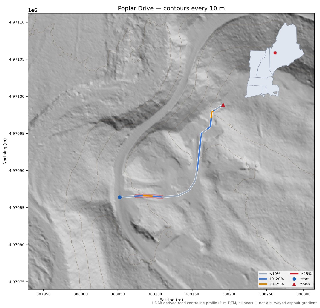 Poplar Drive LiDAR hillshade map with contours