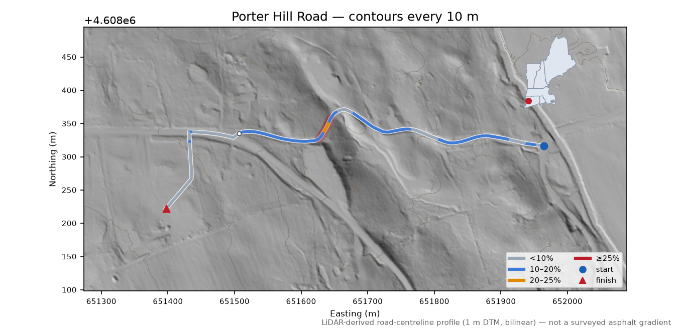 Porter Hill Road LiDAR hillshade map with contours