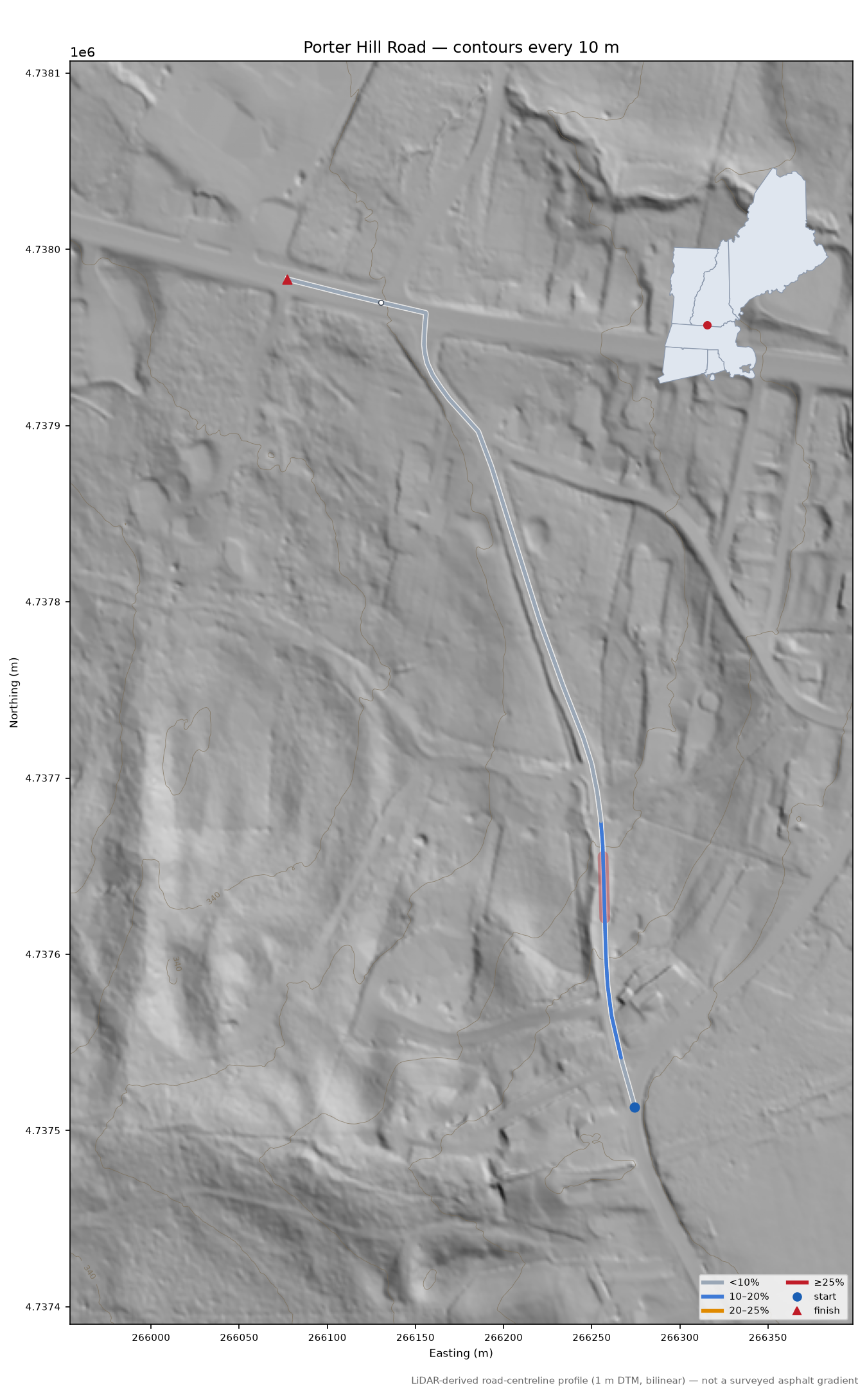 Porter Hill Road LiDAR hillshade map with contours