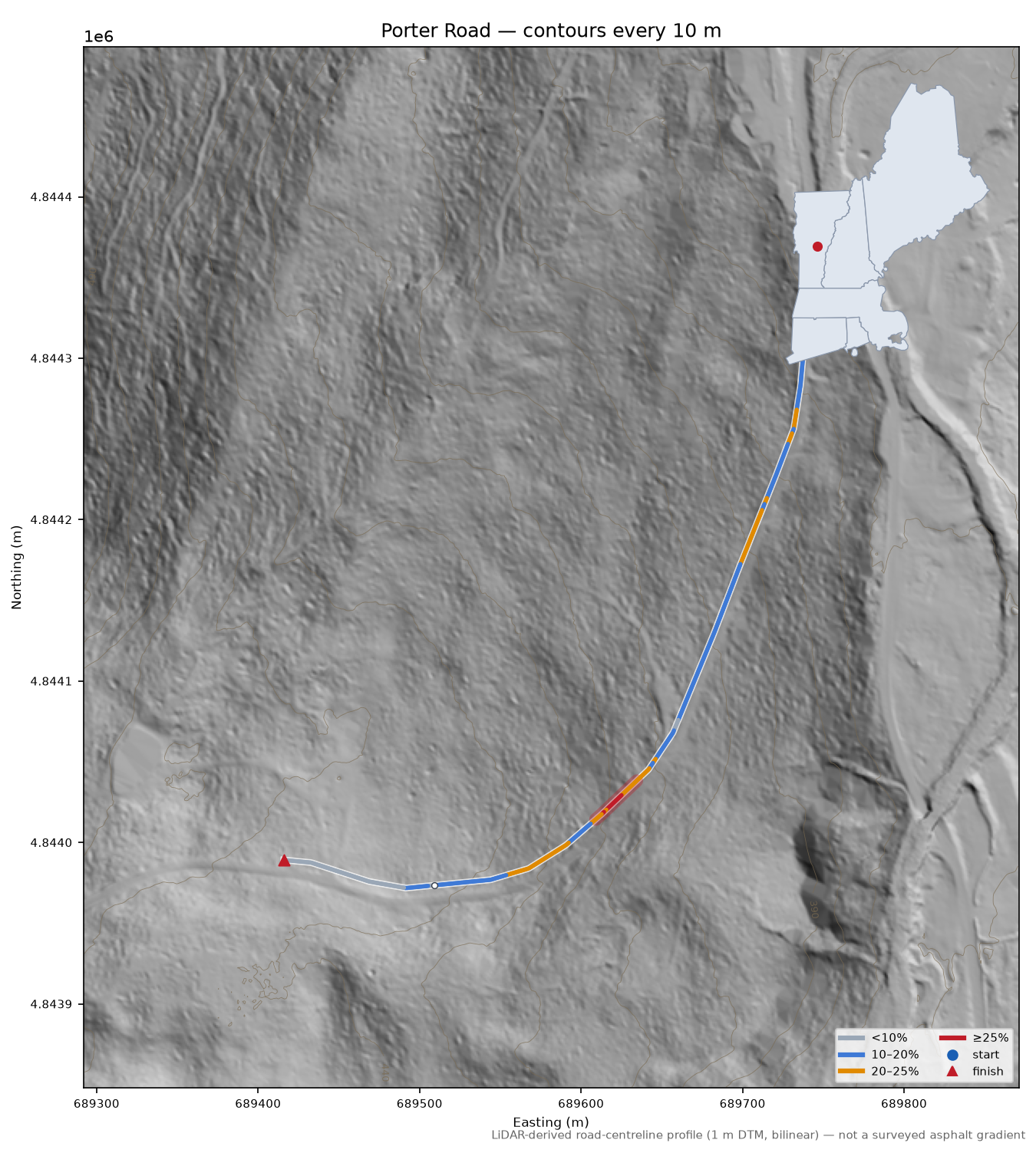 Porter Road LiDAR hillshade map with contours