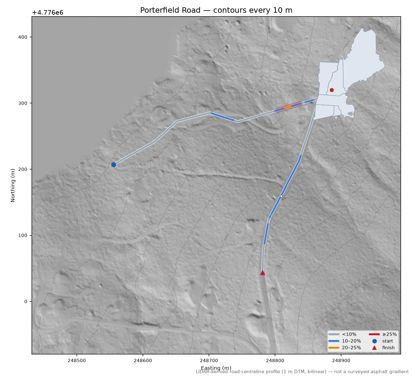 Porterfield Road LiDAR hillshade map with contours
