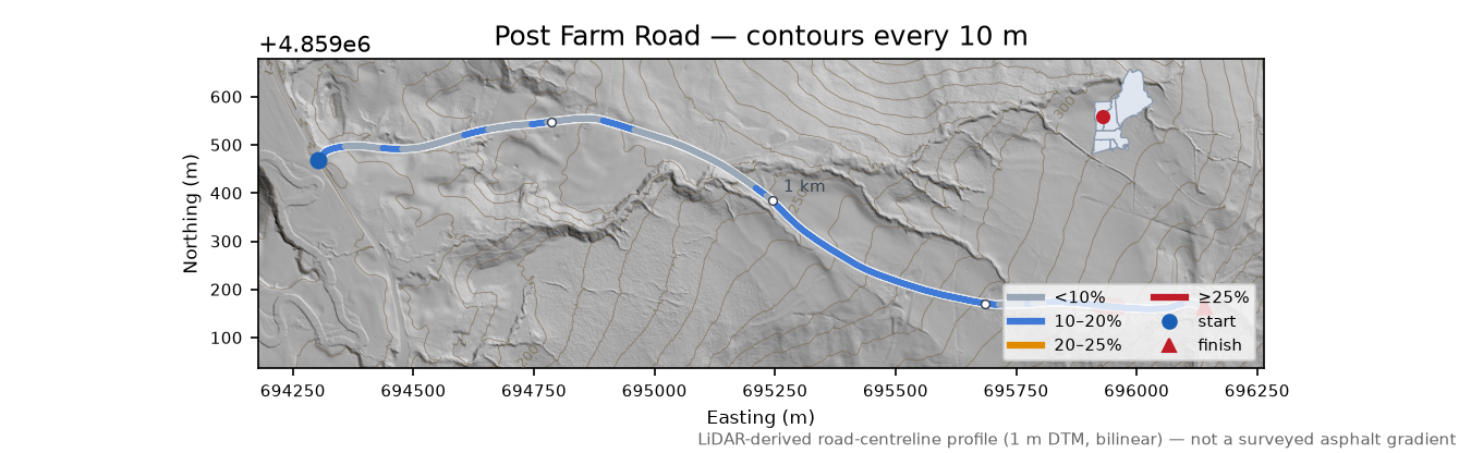 Post Farm Road LiDAR hillshade map with contours
