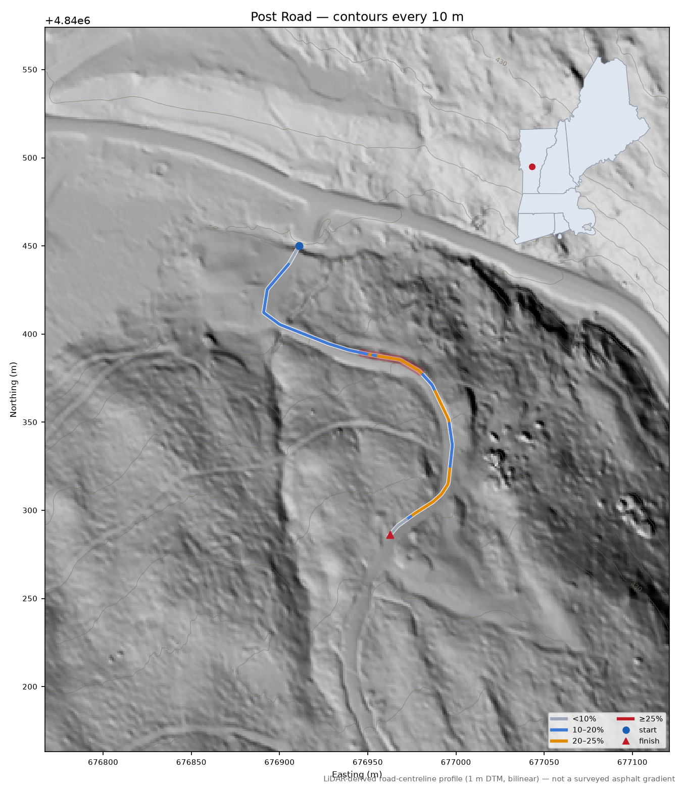Post Road LiDAR hillshade map with contours