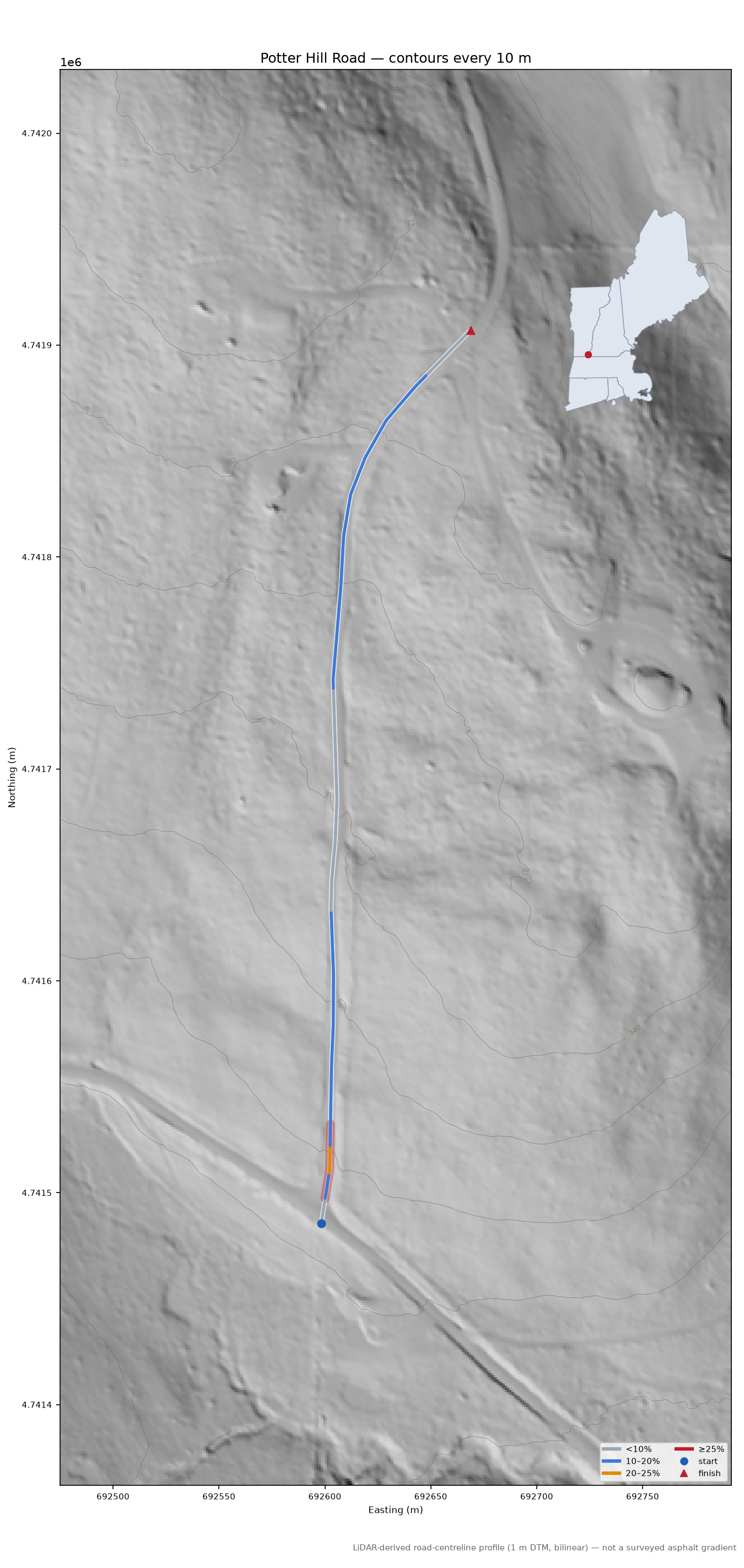 Potter Hill Road LiDAR hillshade map with contours