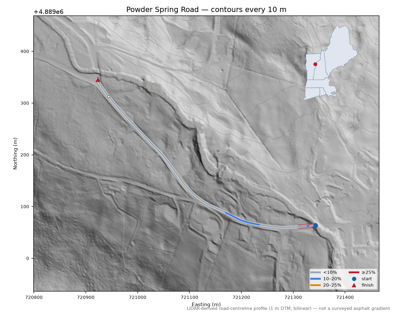 Powder Spring Road LiDAR hillshade map with contours