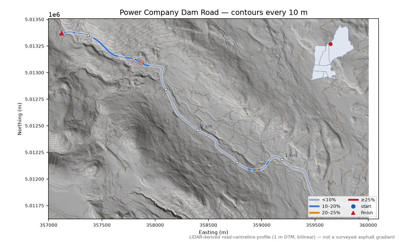 Power Company Dam Road LiDAR hillshade map with contours