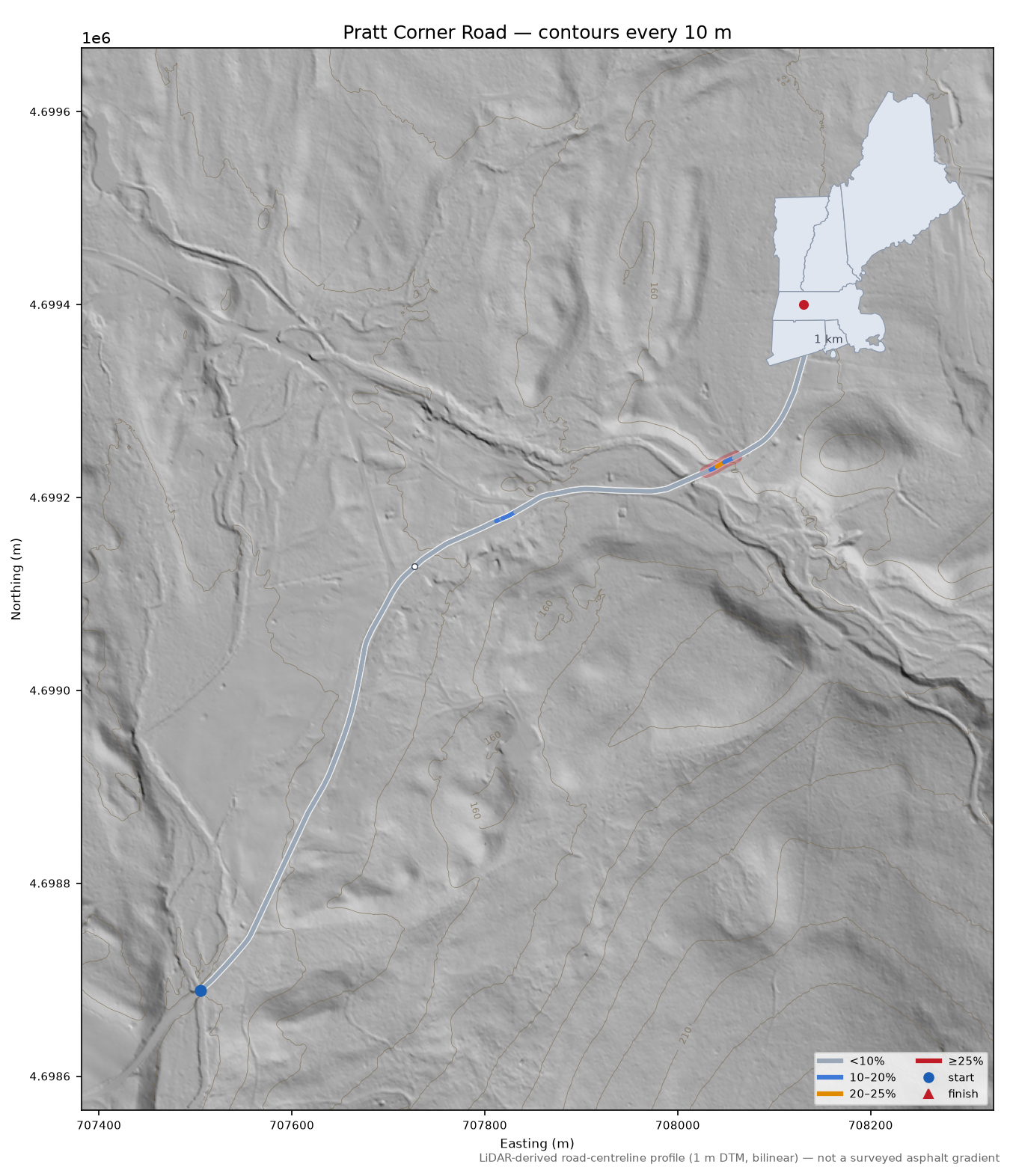 Pratt Corner Road LiDAR hillshade map with contours