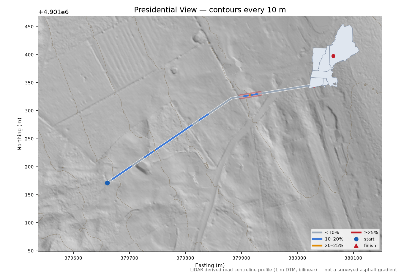 Presidential View LiDAR hillshade map with contours