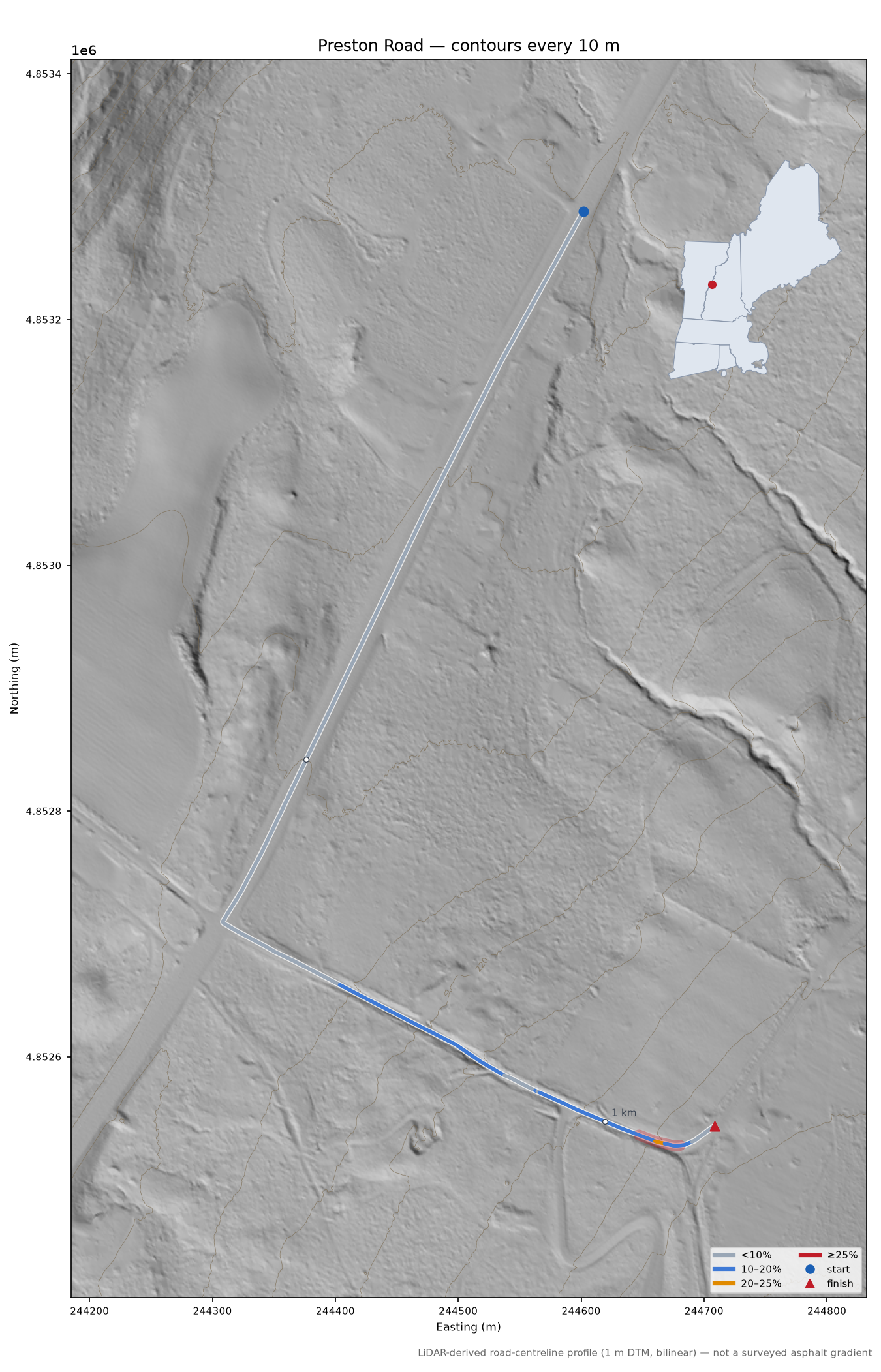 Preston Road LiDAR hillshade map with contours