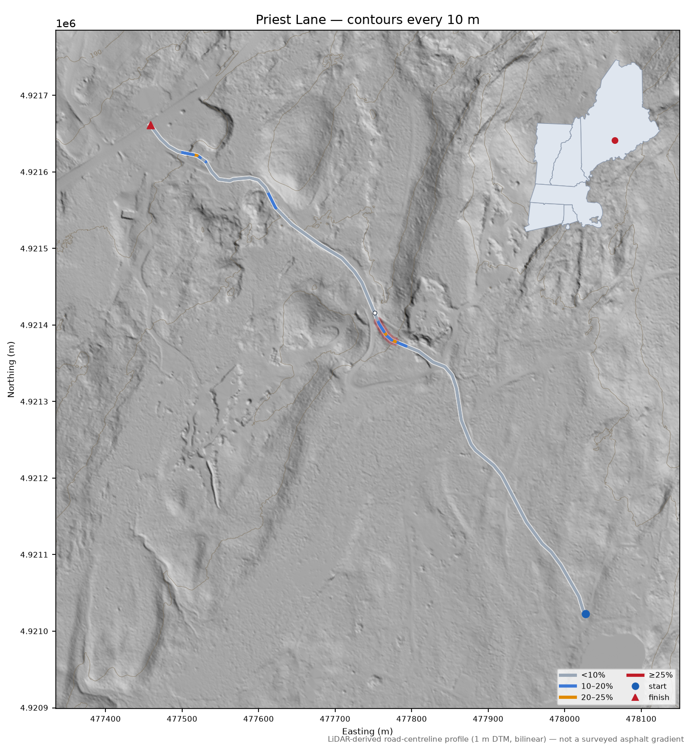 Priest Lane LiDAR hillshade map with contours