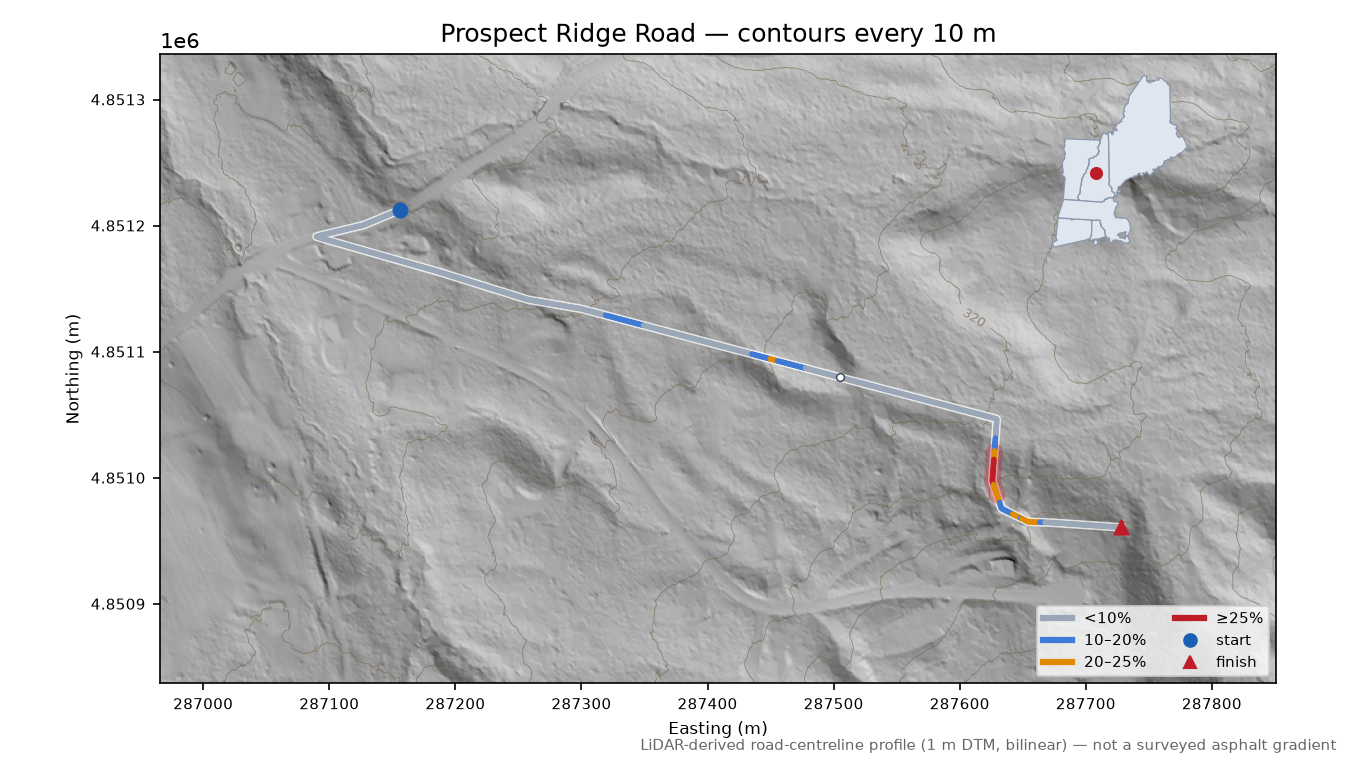 Prospect Ridge Road LiDAR hillshade map with contours