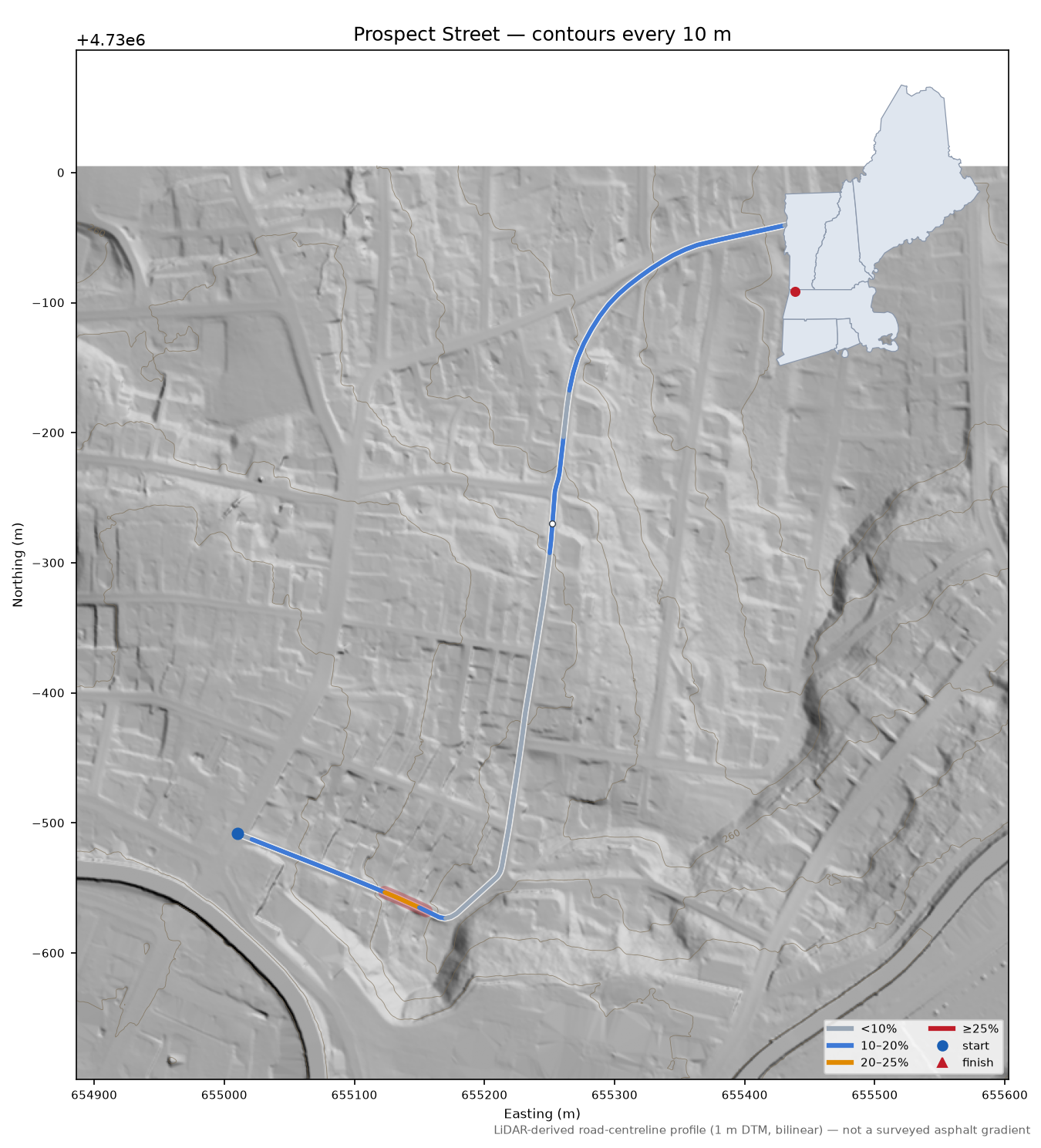 Prospect Street LiDAR hillshade map with contours