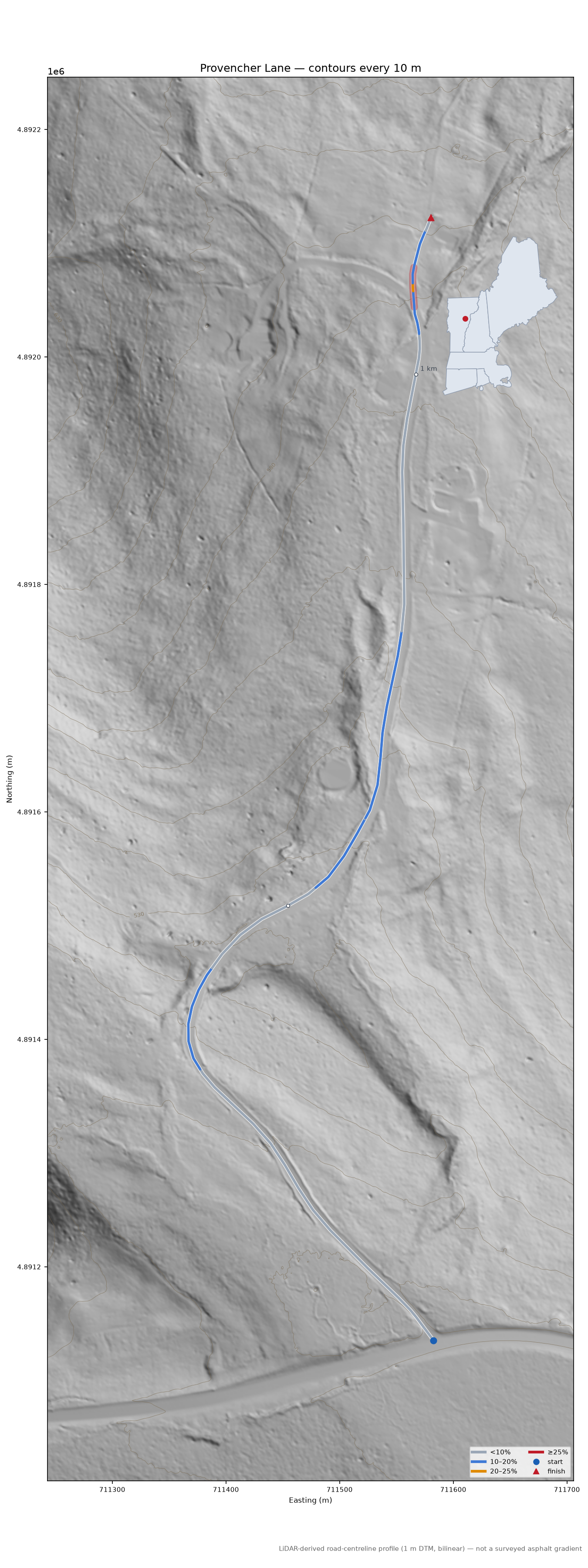 Provencher Lane LiDAR hillshade map with contours