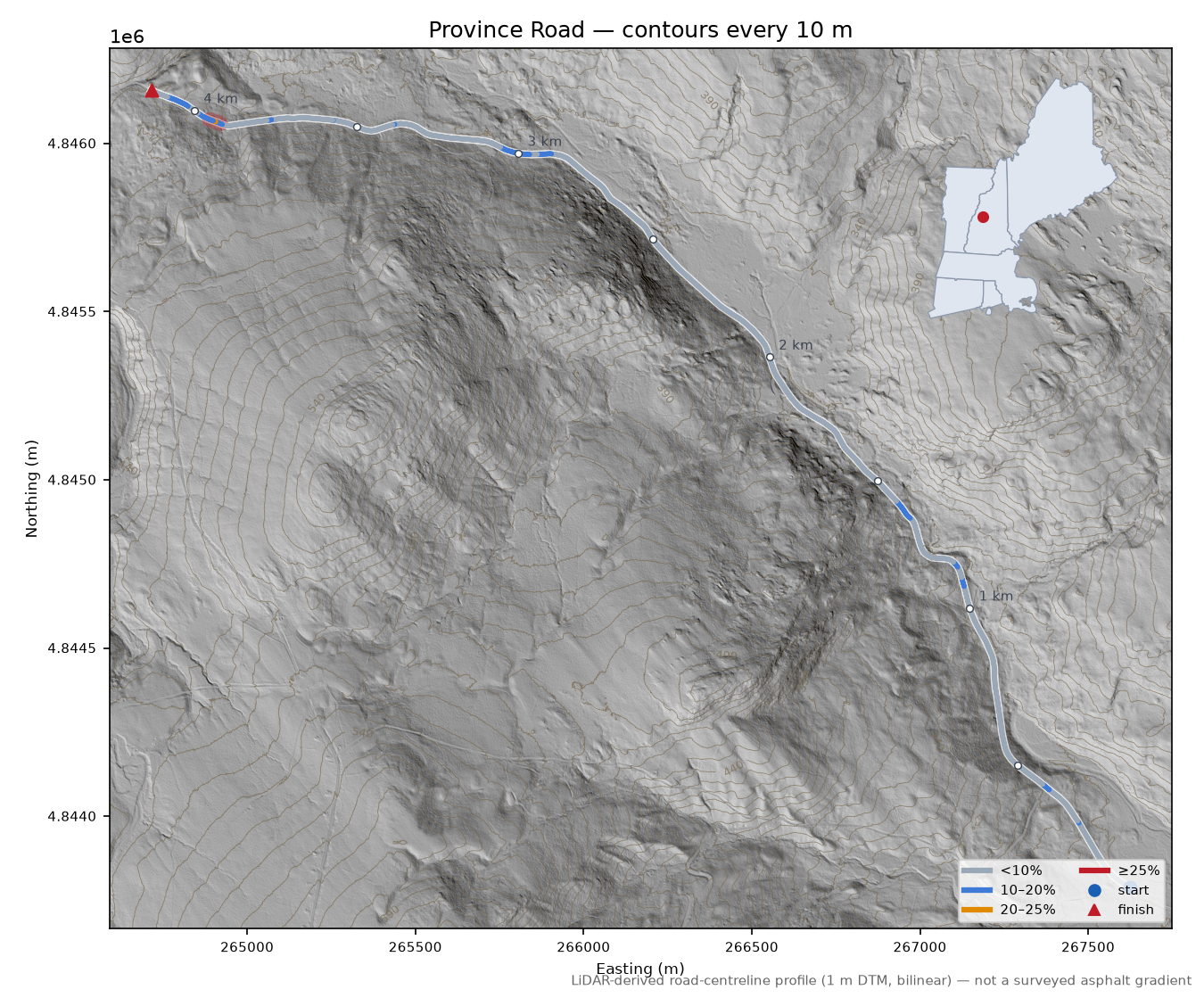 Province Road LiDAR hillshade map with contours