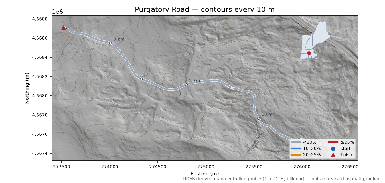 Purgatory Road LiDAR hillshade map with contours