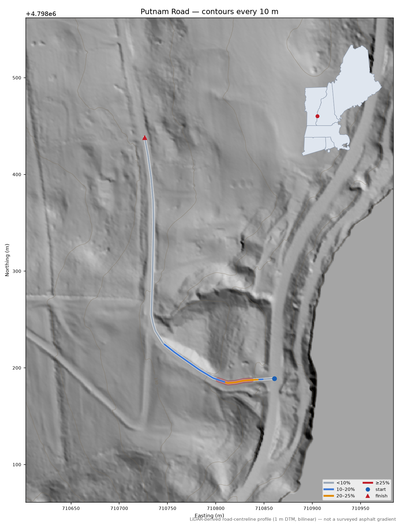 Putnam Road LiDAR hillshade map with contours