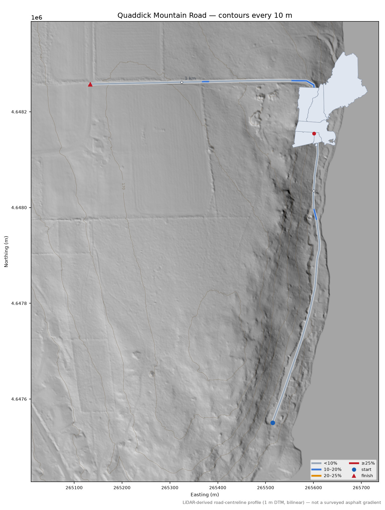 Quaddick Mountain Road LiDAR hillshade map with contours